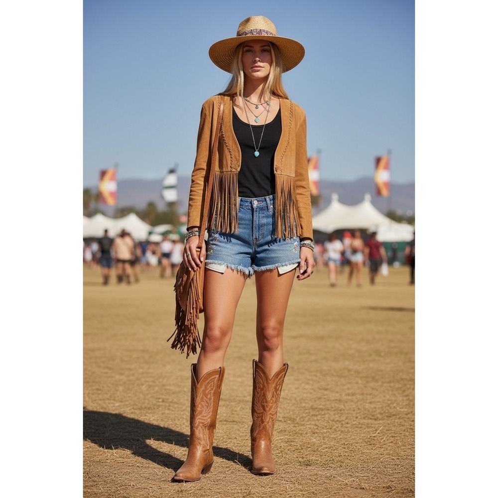 Castelli Leather Fringe Jacket Western Boho Cropped Whipstitch Festival Medium